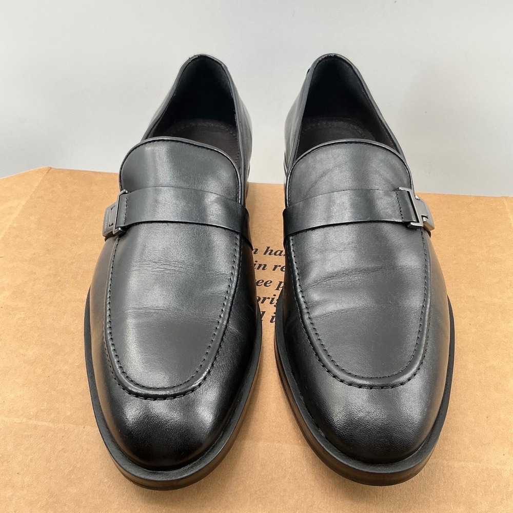 Bruno Magli Mens Black Leather Apron Toe Loafers Buckle Strap Dress Shoes